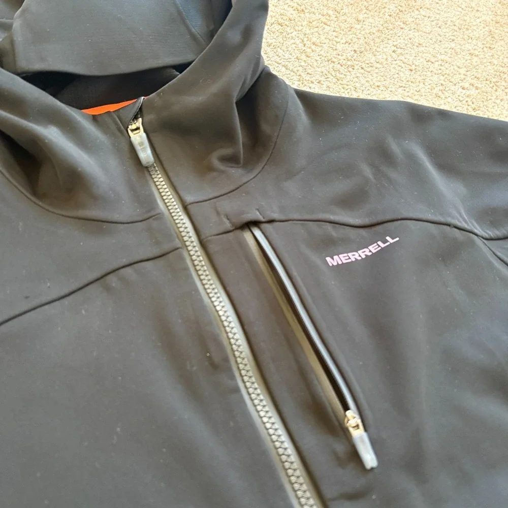 Merrell Softshell Hooded Jacket Womens Small Black Full Zip Fleece Lined Outdoor
